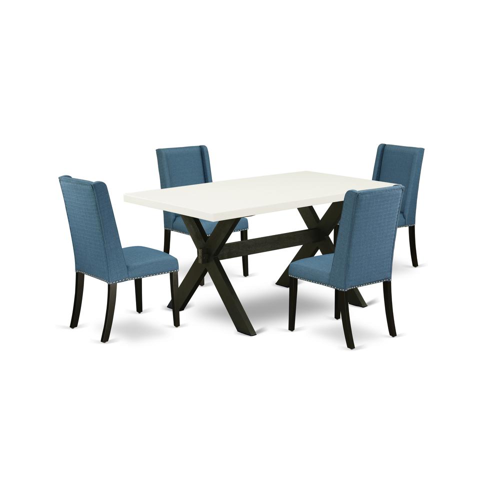 East West Furniture X626FL121-5 5-Piece Stylish Rectangular Dining Room Table Set a Good Linen White Wood Table Top and 4 Amazing Linen Fabric Kitchen Chairs with Nail Heads and Stylish Chair Back, Wi. Picture 1