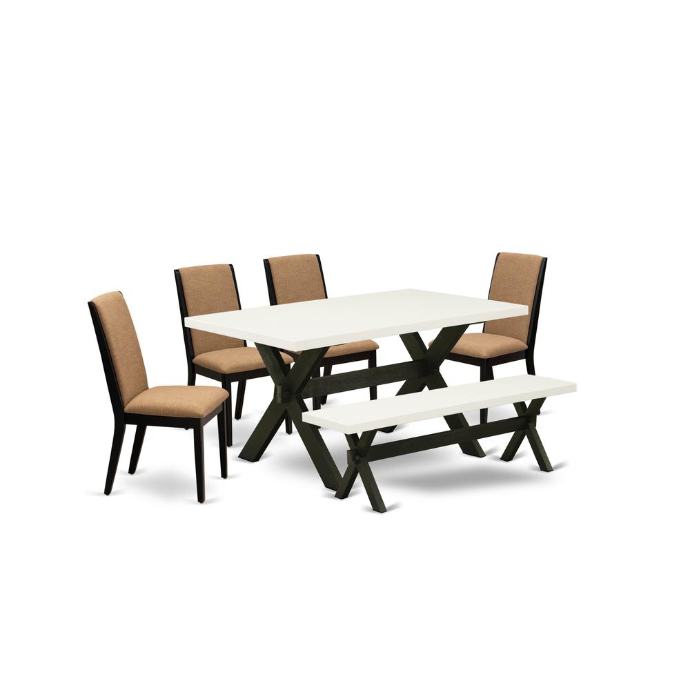East West Furniture X626LA147-6 6-Piece Awesome Modern Dining Table Set a Good Linen White Color Dining Table Top and Linen White Color Kitchen Bench and 4 Excellent Linen Fabric Parson Chairs with St. Picture 1