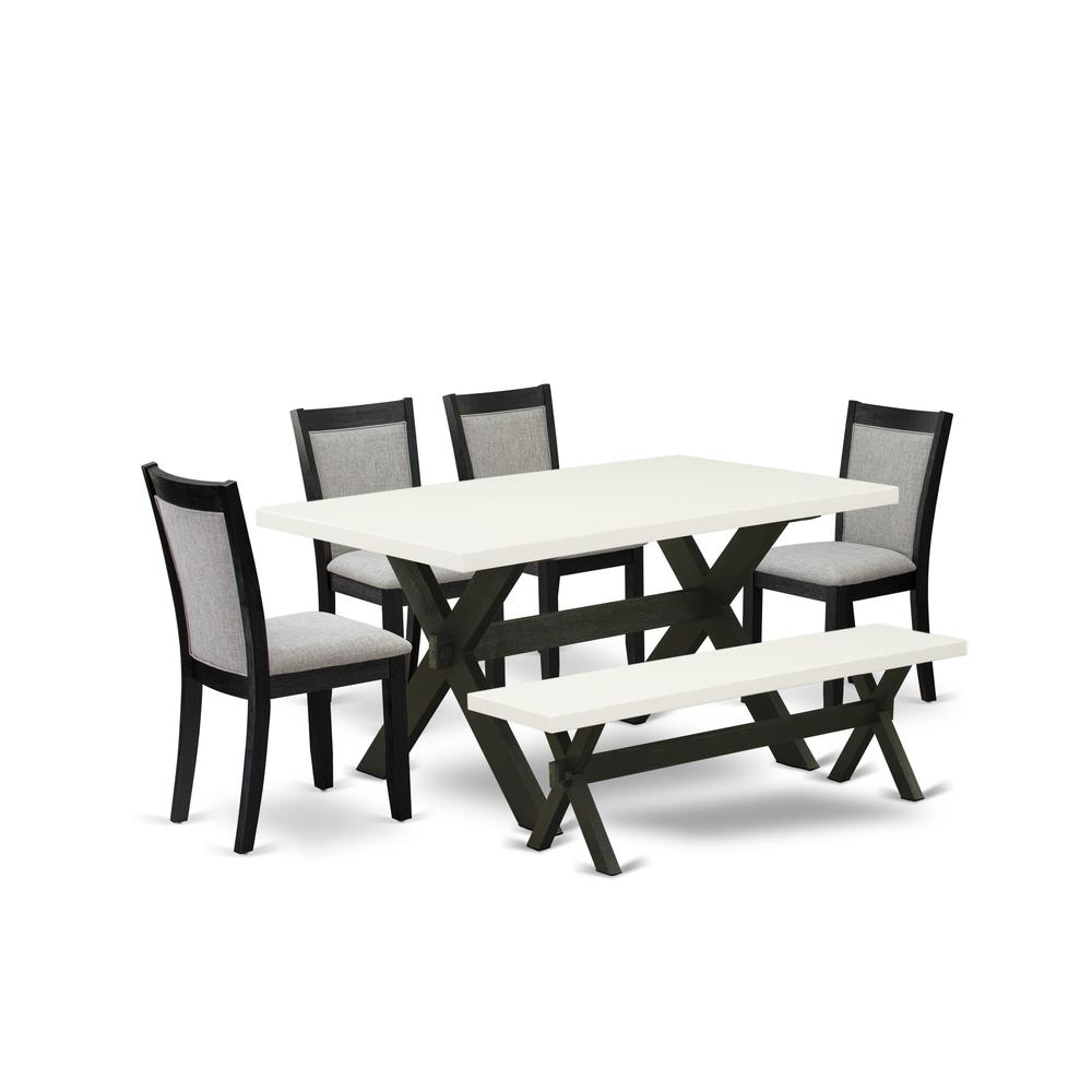 X626MZ606-6 6 Pc Kitchen Table Set - Linen White Table with a Rustic Bench and 4 Shitake Dining Chairs - Wire Brushed Black Finish. Picture 1