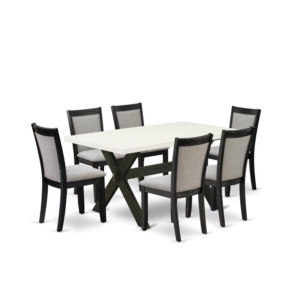 X626MZ606-7 7 Pc Dining Table Set - Linen White Wooden Dining Table with 6 Shitake Dinning Chairs - Wire Brushed Black Finish. Picture 1