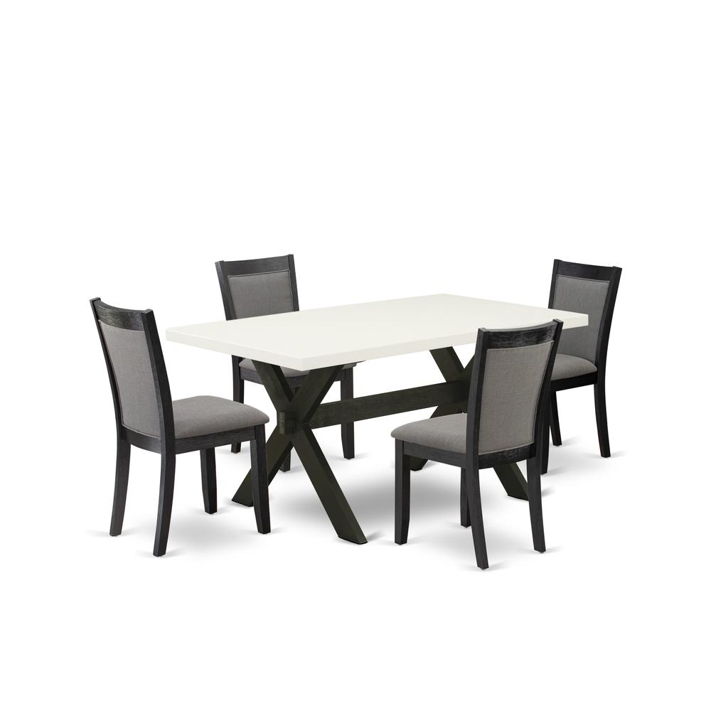 X626MZ650-5 5 Piece Kitchen Table Set - Linen White Dining Table with 4 Dark Gotham Grey Dining Chairs - Wire Brushed Black Finish. Picture 1