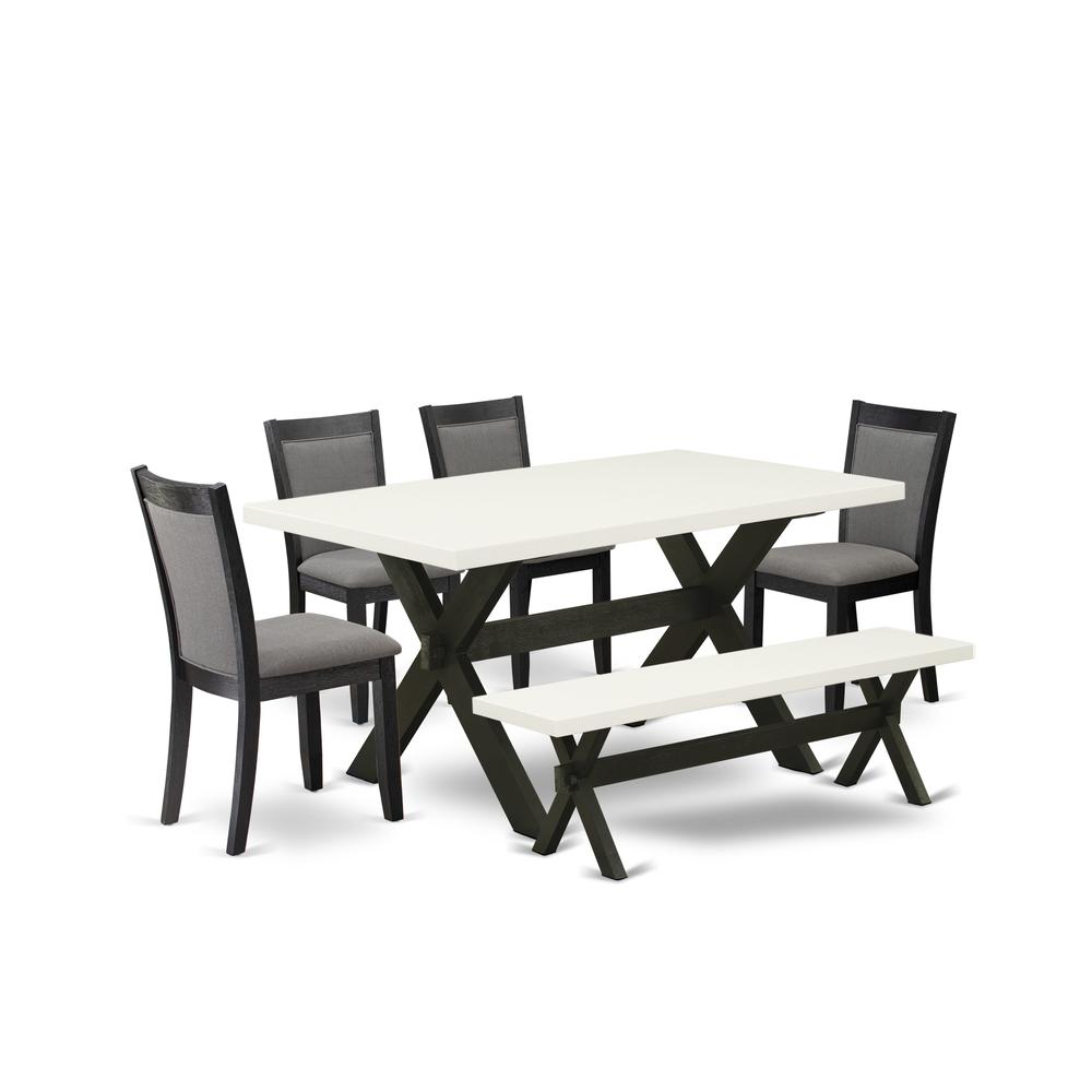 X626MZ650-6 6 Pc Table Set - Linen White Dinner Table with Kitchen Bench and 4 Dark Gotham Grey Chairs - Wire Brushed Black Finish. Picture 1