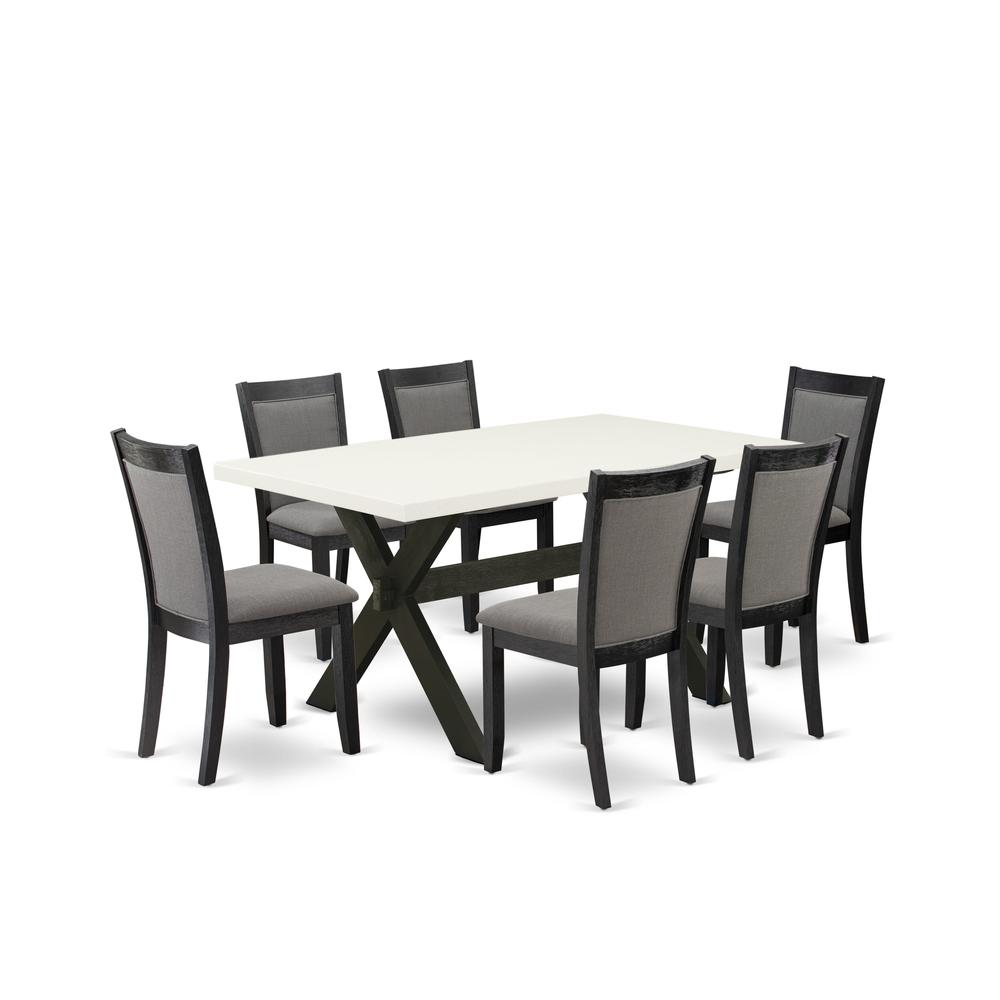 X626MZ650-7 7 Pc Dining Set - Linen White Dining Table with 6 Dark Gotham Grey Chairs - Wire Brushed Black Finish. Picture 1