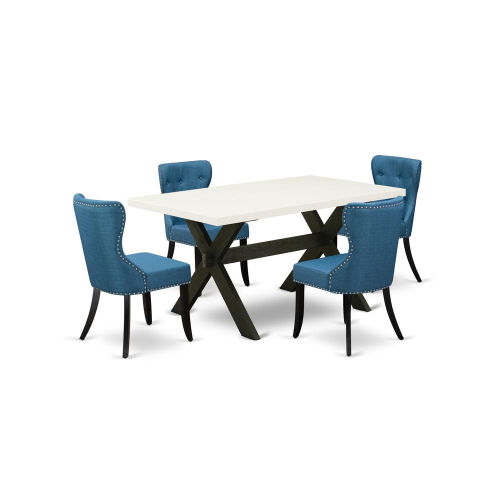 East West Furniture X626SI121-5 5-Piece Dining Room Table Set- 4 Parson Dining Room Chairs with Blue Linen Fabric Seat and Button Tufted Chair Back - Rectangular Table Top & Wooden Cross Legs - Linen. Picture 1