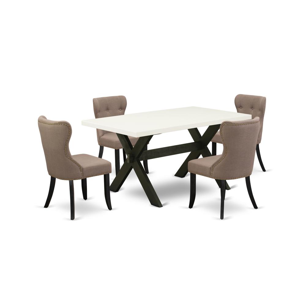 East West Furniture 5-Pc Dining Room Table Set-Coffee Linen Fabric Seat and Button Tufted Back Parson Dining Chairs and Rectangular Top Kitchen Table with Wooden Legs - Linen White and Wirebrushed Bla. Picture 1