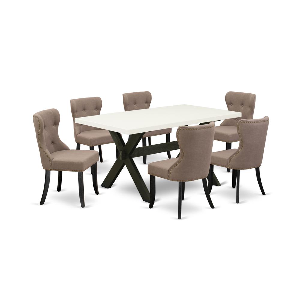 East West Furniture 7-Piece Dining Set-Coffee Linen Fabric Seat and Button Tufted Back Kitchen Chairs and Rectangular Top Dinner Table with Wood Legs - Linen White and Wirebrushed Black Finish. Picture 1