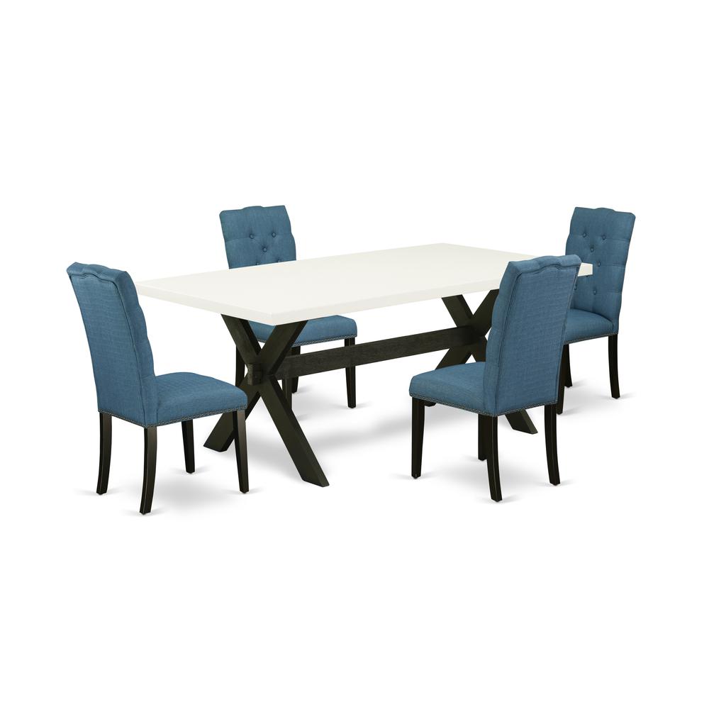 East West Furniture X627EL121-5 5-Piece Beautiful Dining Room Table Set a Great Linen White Dining Table Top and 4 Excellent Linen Fabric Solid Wood Leg Chairs with Nail Heads and Button Tufted Chair. Picture 1