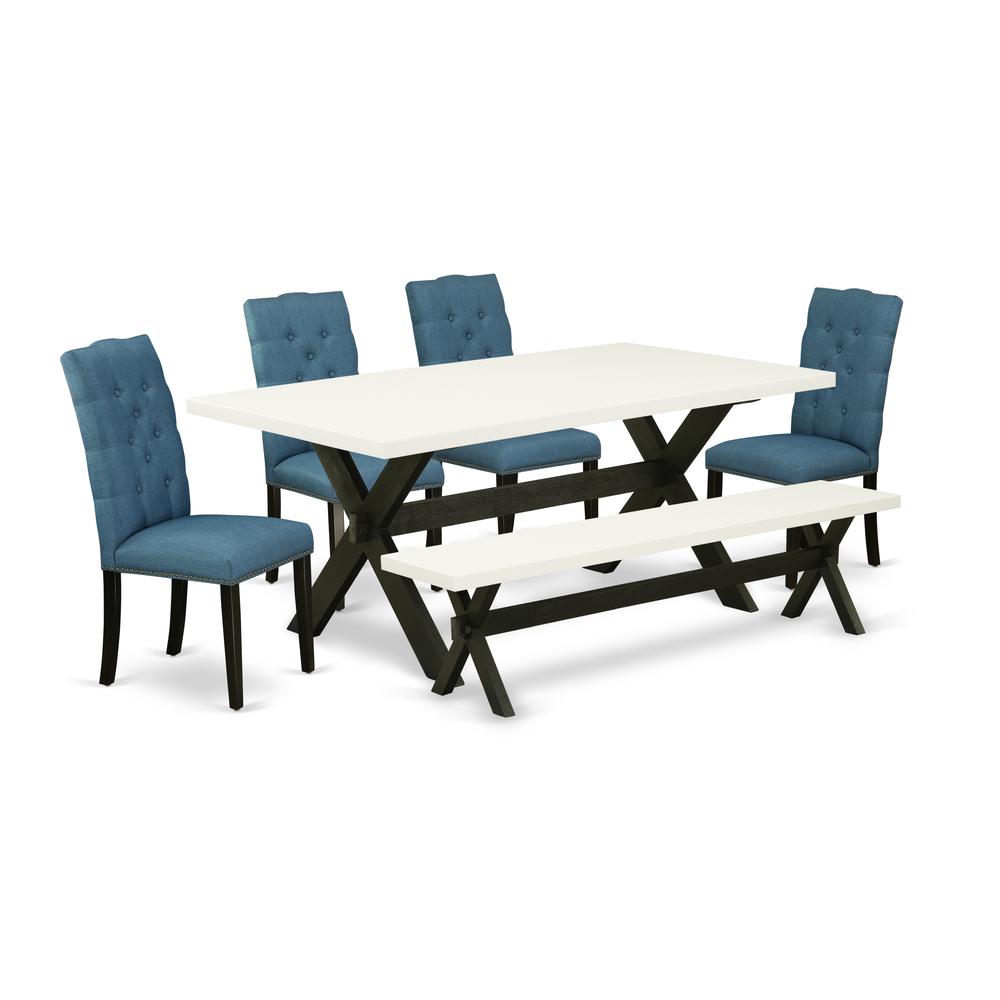 East West Furniture X627EL121-6 6-Piece Stylish Dining Set a Superb Linen White Color Kitchen Table Top and Linen White Color Wood Bench and 4 Wonderful Linen Fabric Dining Chairs with Nail Heads and. Picture 1