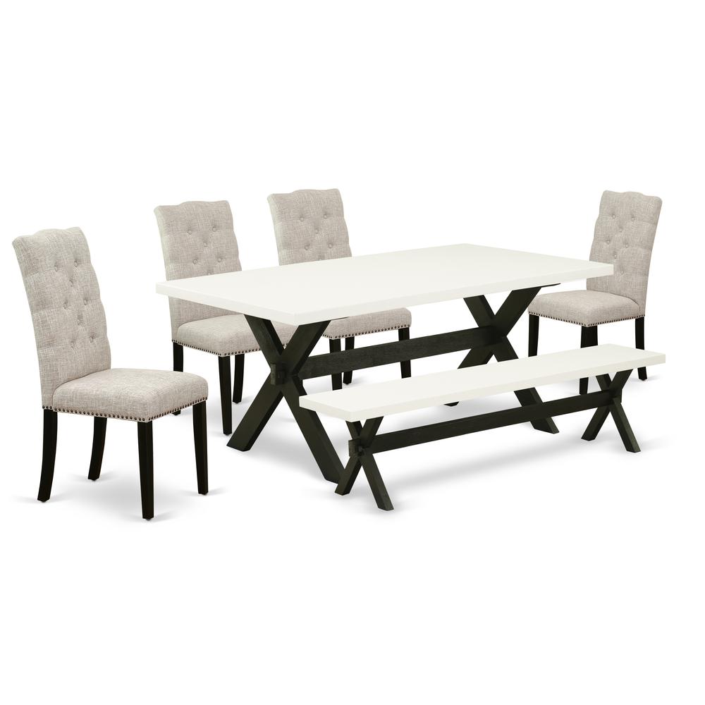 East West Furniture 6-Piece Mid Century Dining Table Set-Doeskin Linen Fabric Seat and Button Tufted Chair Back Upholstered Dining chairs, A Rectangular Bench and Rectangular Top dining table with Woo. Picture 1