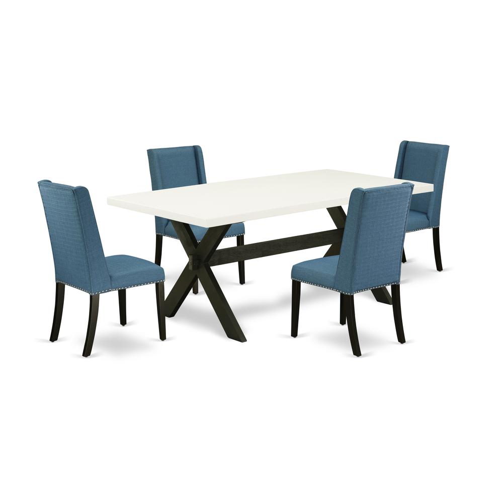 East West Furniture X627FL121-5 5-Piece Beautiful Modern Dining Table Set a Great Linen White Kitchen Table Top and 4 Awesome Linen Fabric Padded Parson Chairs with Nail Heads and Stylish Chair Back,. Picture 1