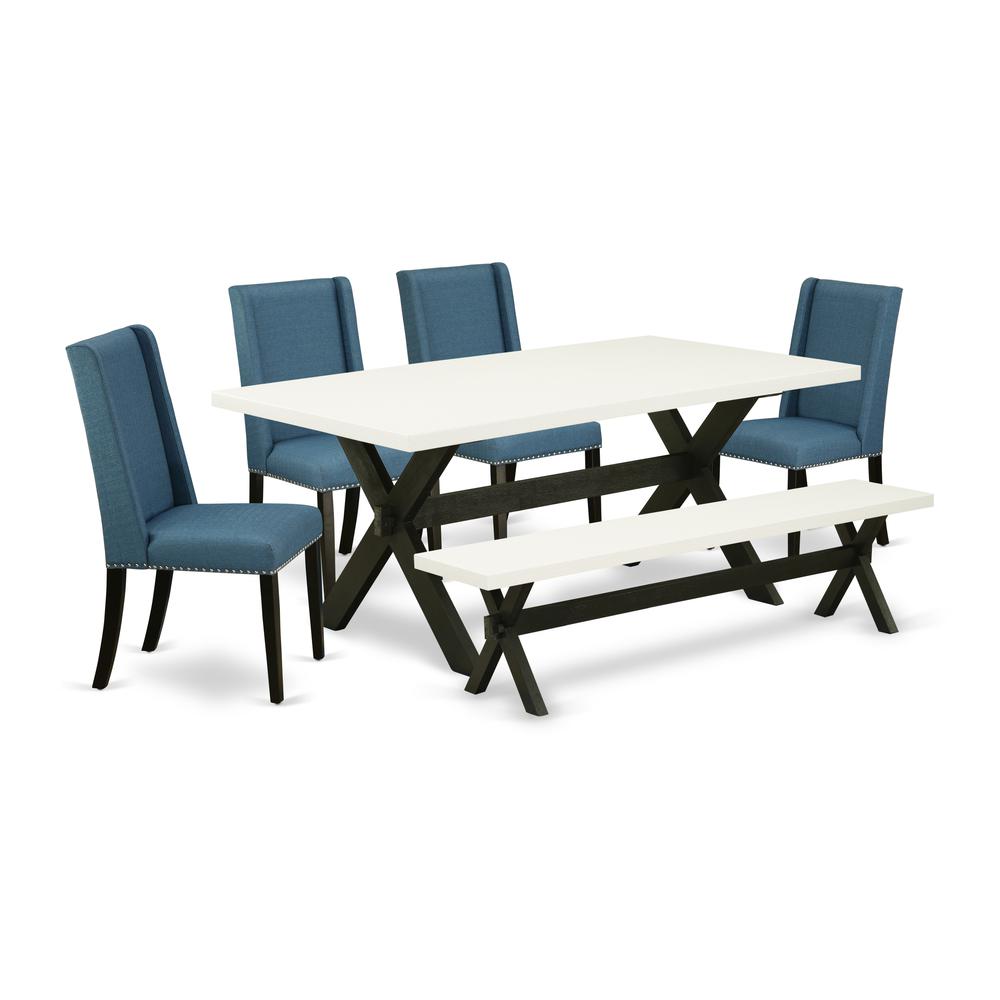 East West Furniture X627FL121-6 6-Piece Awesome kitchen table set a High Quality Linen White Color Dining Room Table Top and Linen White Color Wood Bench and 4 Wonderful Linen Fabric Kitchen Chairs wi. Picture 1