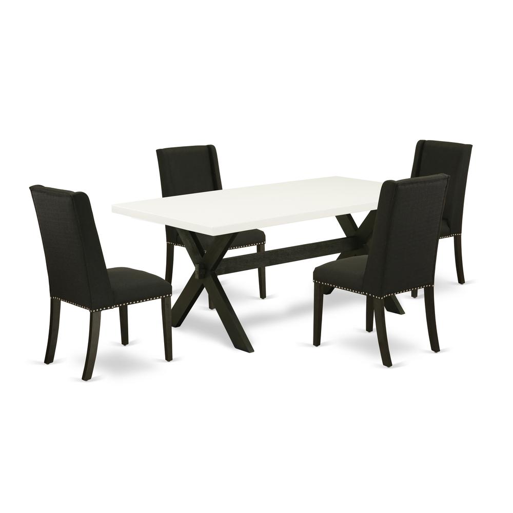 East West Furniture 5-Pc Dining room Set Included 4 Upholstered Dining chairs Upholstered Nails Head Seat and High Button Tufted Chair Back and Rectangular Dinette Table with Linen White rectangular D. Picture 1