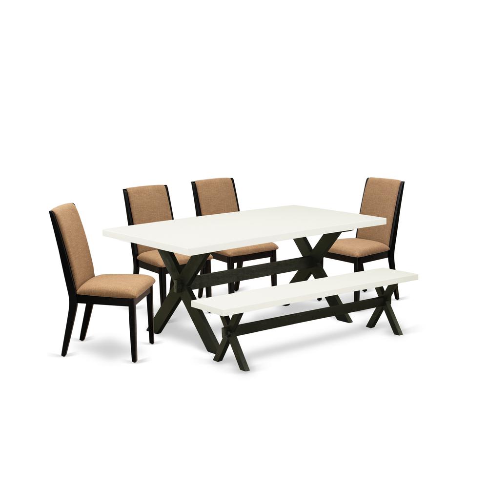 East West Furniture X627LA147-6 6-Piece Fashionable Dining Set a Good Linen White dining table Top and Linen White Wood Bench and 4 Awesome Linen Fabric Dining Chairs with Stylish Chair Back, Wire Bru. Picture 1
