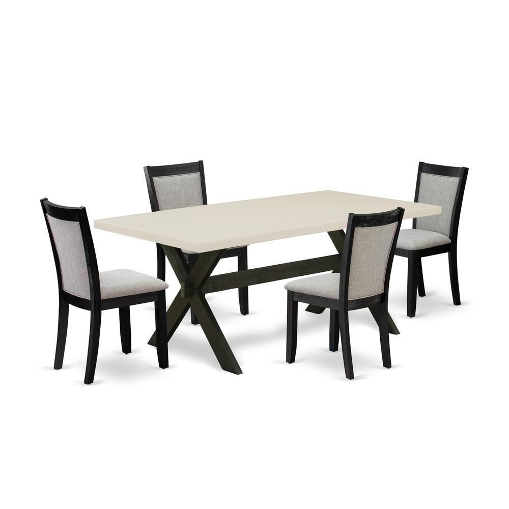 East West Furniture 5 Piece Dining Set - Linen White Top Wood Dining Table with Trestle Base and 4 Shitake Linen Fabric Parson Chairs - Wire Brushed Black Finish. Picture 1