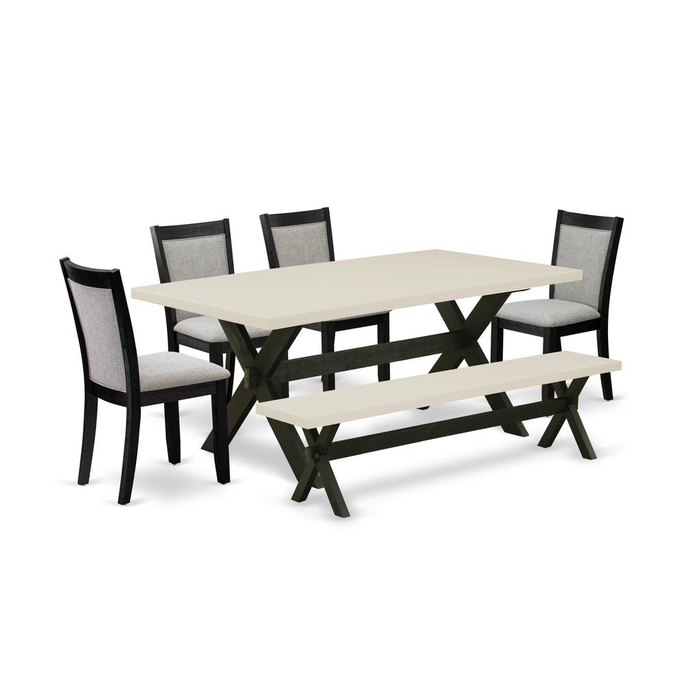 East West Furniture 6 Pc Dinner Table Set - Linen White Top Wooden Table with a Kitchen Bench and 4 Shitake Linen Fabric Upholstered Dining Room Chairs - Wire Brushed Black Finish. Picture 1