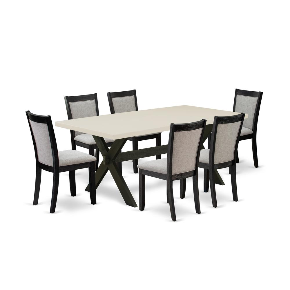 East West Furniture 7 Piece Table Set - Linen White Top Wooden Table with Trestle Base and 6 Shitake Linen Fabric Kitchen Chairs - Wire Brushed Black Finish. Picture 1