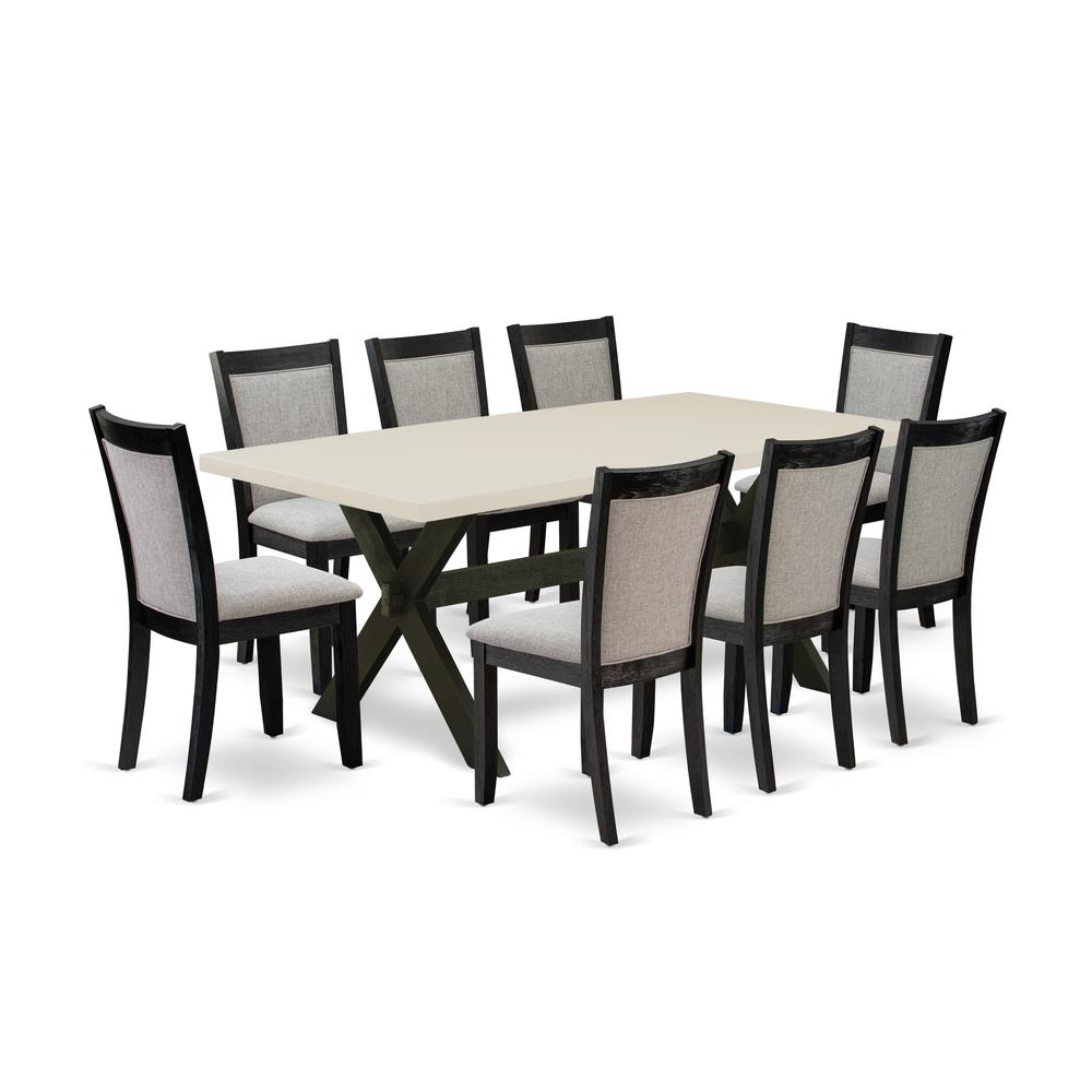 East West Furniture 9 Piece Table Set - A Linen White Top Mid Century Dining Table with Trestle Base and 8 Shitake Linen Fabric Upholstered Dining Chairs - Wire Brushed Black Finish. Picture 1