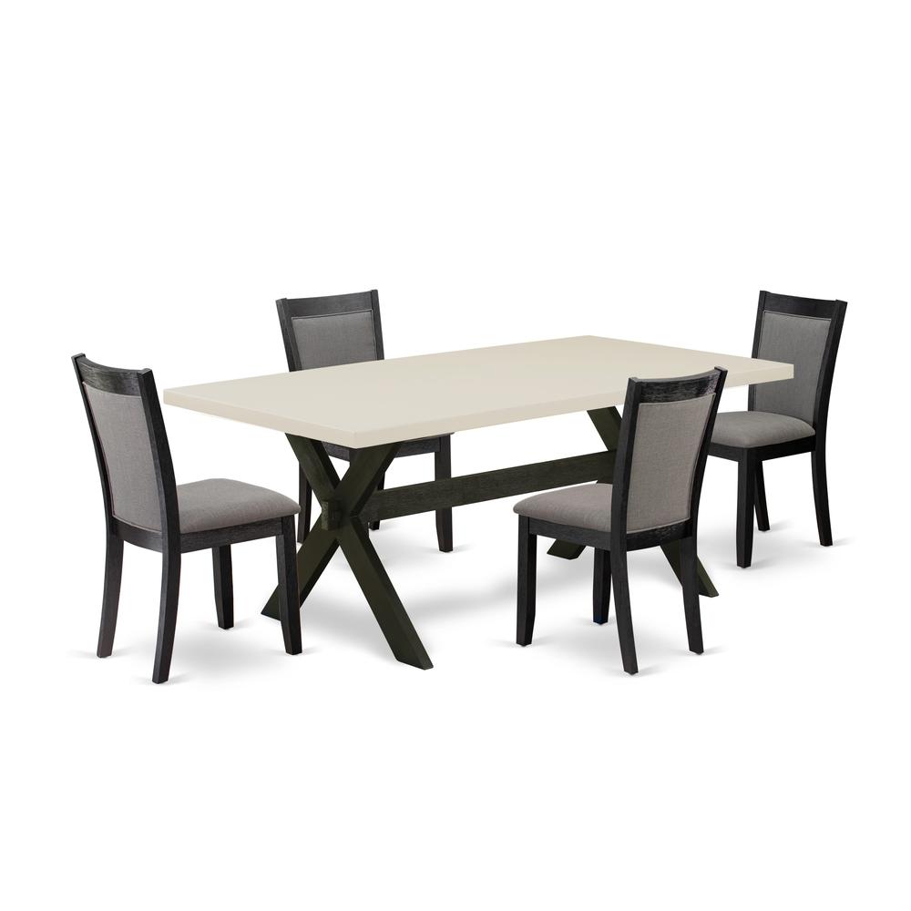 East West Furniture 5 Pc Dinner Table Set - Linen White Top Mid Century Dining Table with Trestle Base and 4 Dark Gotham Grey Linen Fabric Modern Dining Chairs - Wire Brushed Black Finish. Picture 1