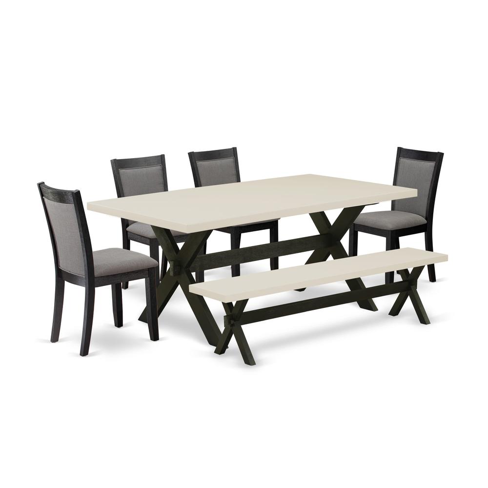 East West Furniture 6 Pc Table Set - Linen White Top Dinner Table with a Wood Bench and 4 Dark Gotham Grey Linen Fabric Upholstered Dining Chairs - Wire Brushed Black Finish. Picture 1