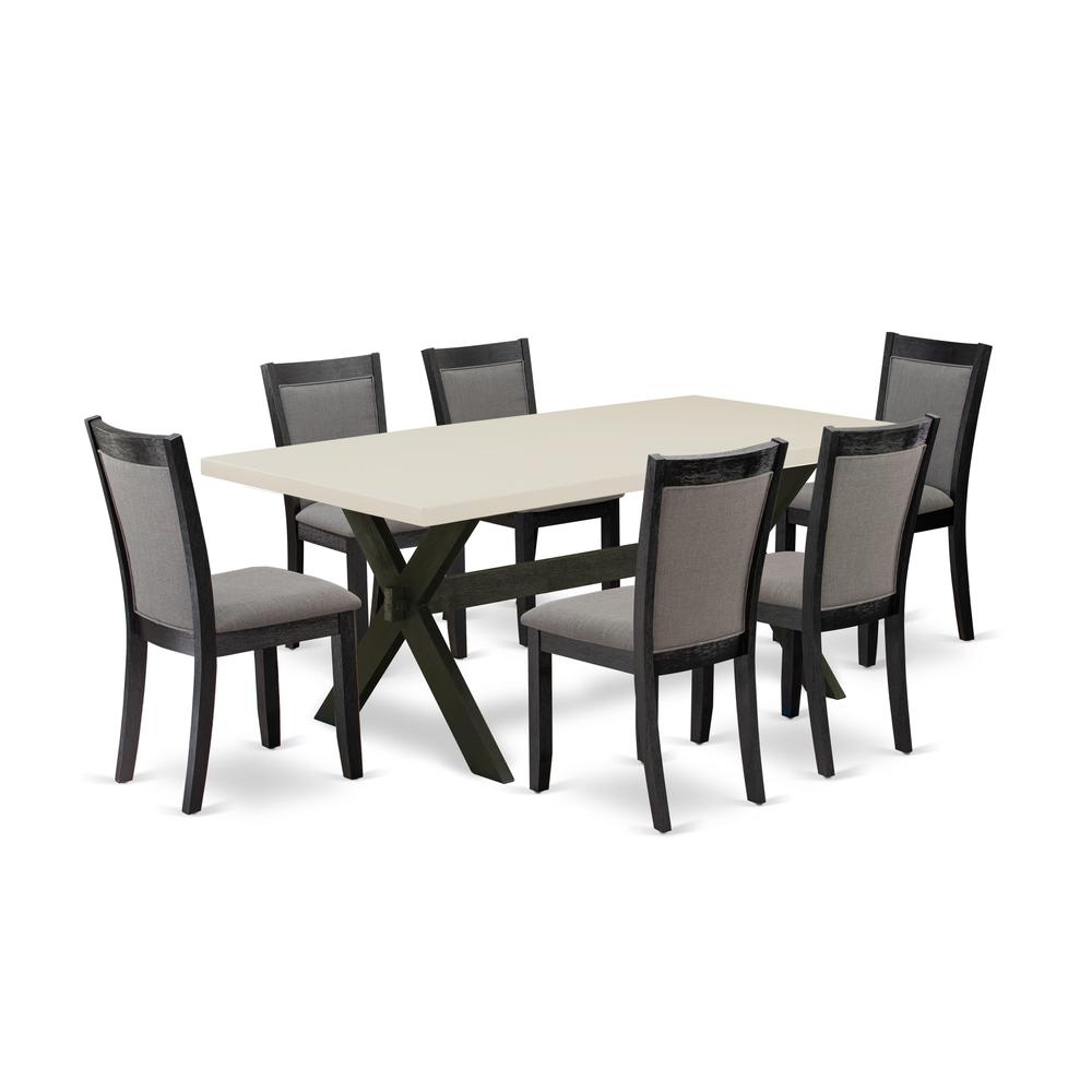 East West Furniture 7 Piece Kitchen Table Set - Linen White Top Mid Century Dining Table with Trestle Base and 6 Dark Gotham Grey Linen Fabric Dining Chairs - Wire Brushed Black Finish. Picture 1