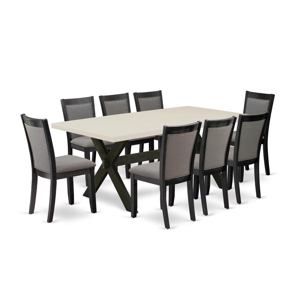East West Furniture 9 Piece Dinner Table Set - A Linen White Top Dining Room Table with Trestle Base and 8 Dark Gotham Grey Linen Fabric Modern Dining Chairs - Wire Brushed Black Finish. Picture 1