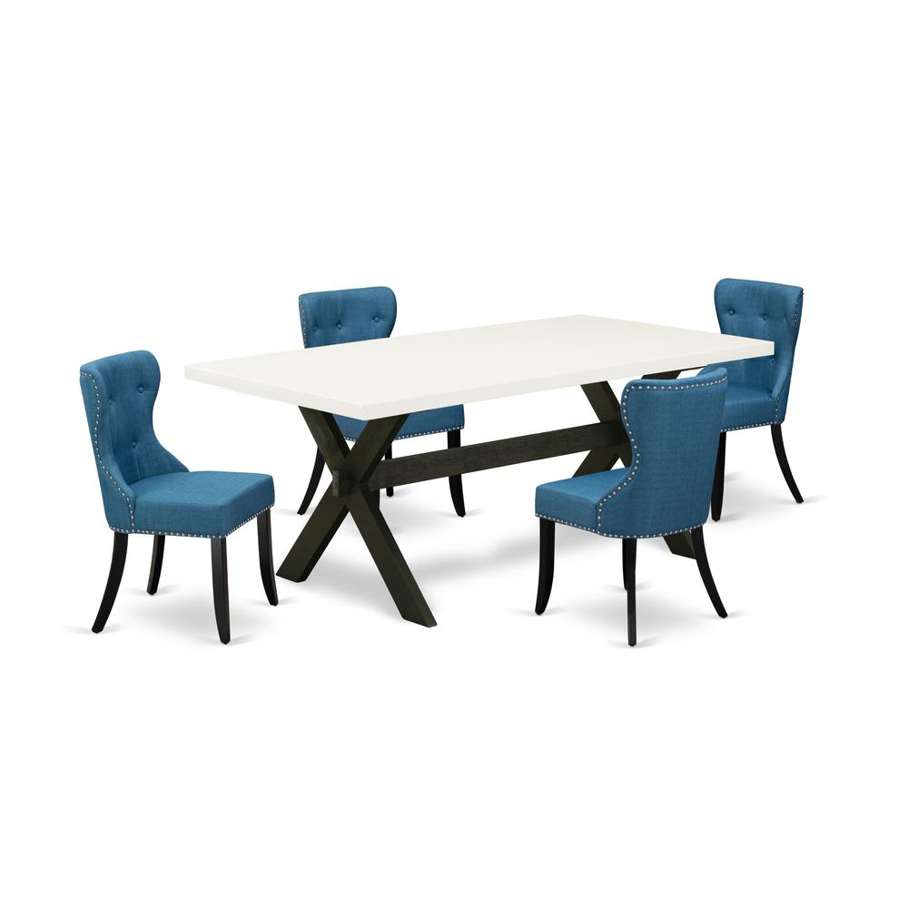 East West Furniture X627SI121-5 5-Pc Dinette Set- 4 Upholstered Dining Chairs with Blue Linen Fabric Seat and Button Tufted Chair Back - Rectangular Table Top & Wooden Cross Legs - Linen White and Bla. Picture 1