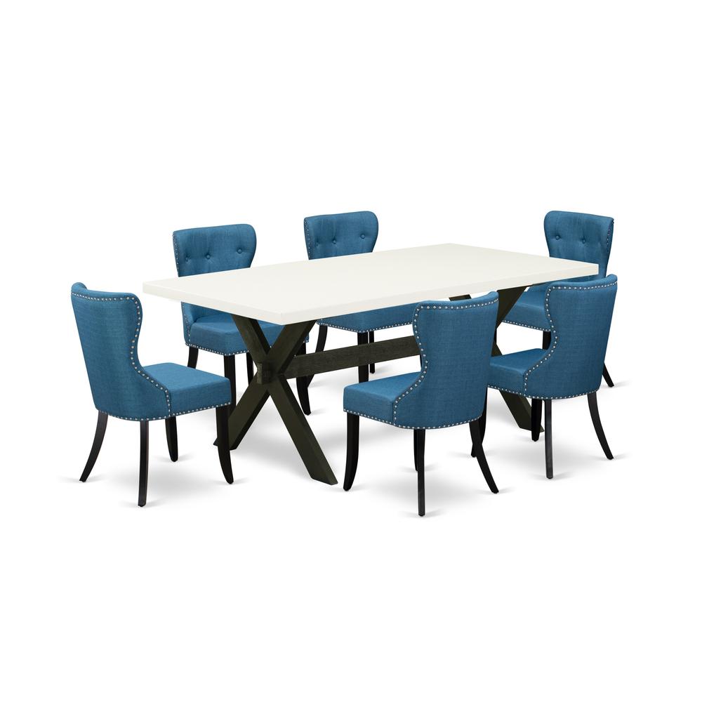 East West Furniture X627SI121-7 7-Pc Dining Room Table Set- 6 padded parson chairs with Blue Linen Fabric Seat and Button Tufted Chair Back - Rectangular Table Top & Wooden Cross Legs - Linen White an. Picture 1