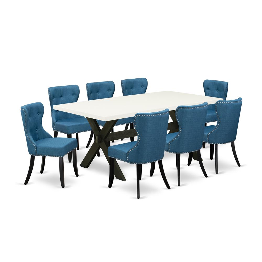 East West Furniture X627SI121-9 9-Pc Dining Room Table Set- 8 Parson Dining Chairs with Blue Linen Fabric Seat and Button Tufted Chair Back - Rectangular Table Top & Wooden Cross Legs - Linen White an. Picture 1