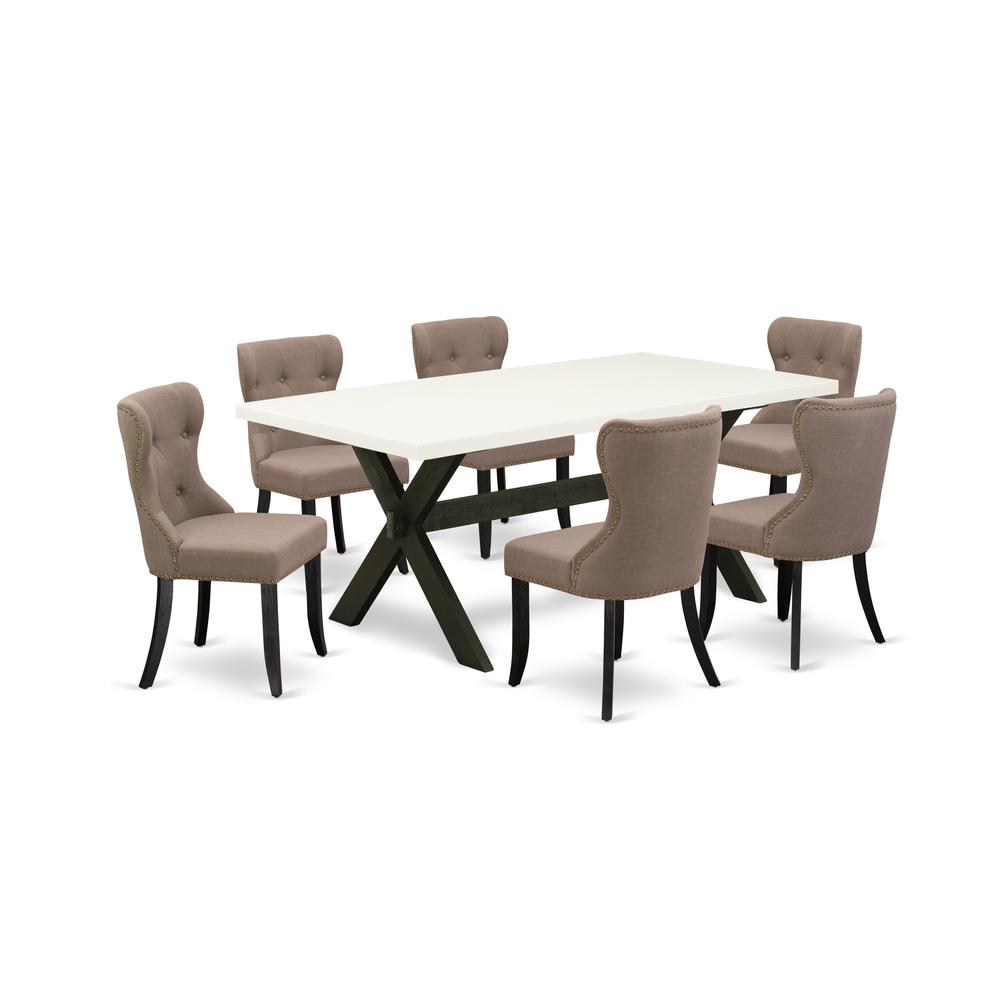 East West Furniture 7-Pc Mid Century Dining Table Set-Coffee Linen Fabric Seat and Button Tufted Back Kitchen Chairs and Rectangular Top Mid Century Dining Table with Wood Legs - Linen White and Wireb. Picture 1