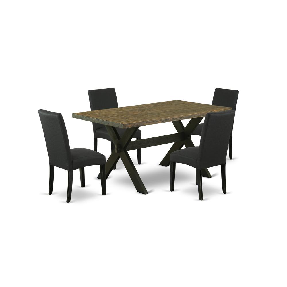 East West Furniture X676DR124-5 5-Piece Dining Room Table Set- 4 Mid Century Dining Chairs with Black Linen Fabric Seat and Stylish Chair Back - Rectangular Table Top & Wooden Cross Legs - Distressed. Picture 1