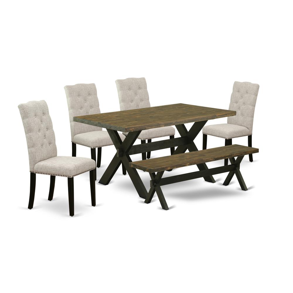 East West Furniture 6-Pc Dining -Doeskin Linen Fabric Seat and Button Tufted Chair Back Parson Dining room chairs, A Rectangular Bench and Rectangular Top Mid Century Dining Table with Wood Legs - Dis. Picture 1