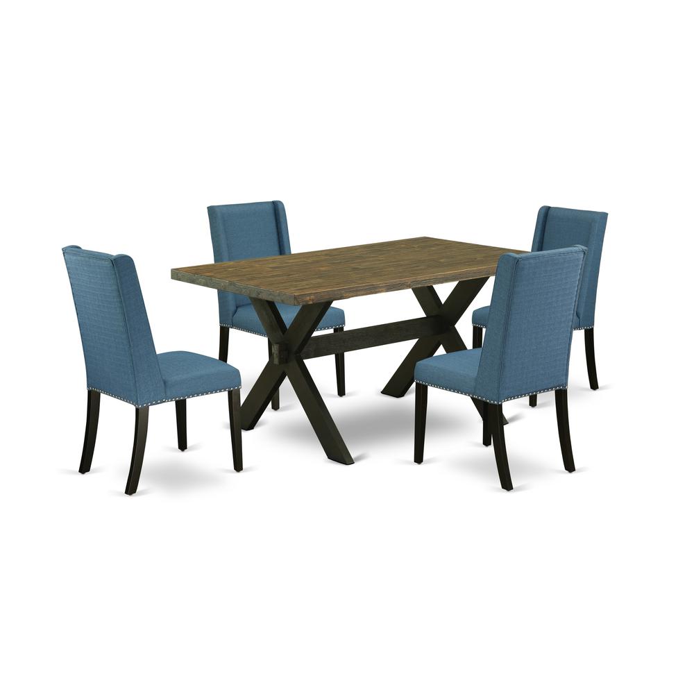 East West Furniture X676FL121-5 5-Piece Fashionable Dining Room Table Set a Good Distressed Jacobean Dining Room Table Top and 4 Excellent Linen Fabric Kitchen Chairs with Nail Heads and Stylish Chair. Picture 1