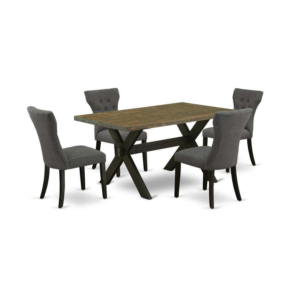 East West Furniture 5-Piece Kitchen Dinette Set Included 4 Parson chairs Upholstered Seat and High Button Tufted Chair Back and Rectangular Dining Table with Distressed Jacobean Dining room Table Top. Picture 1
