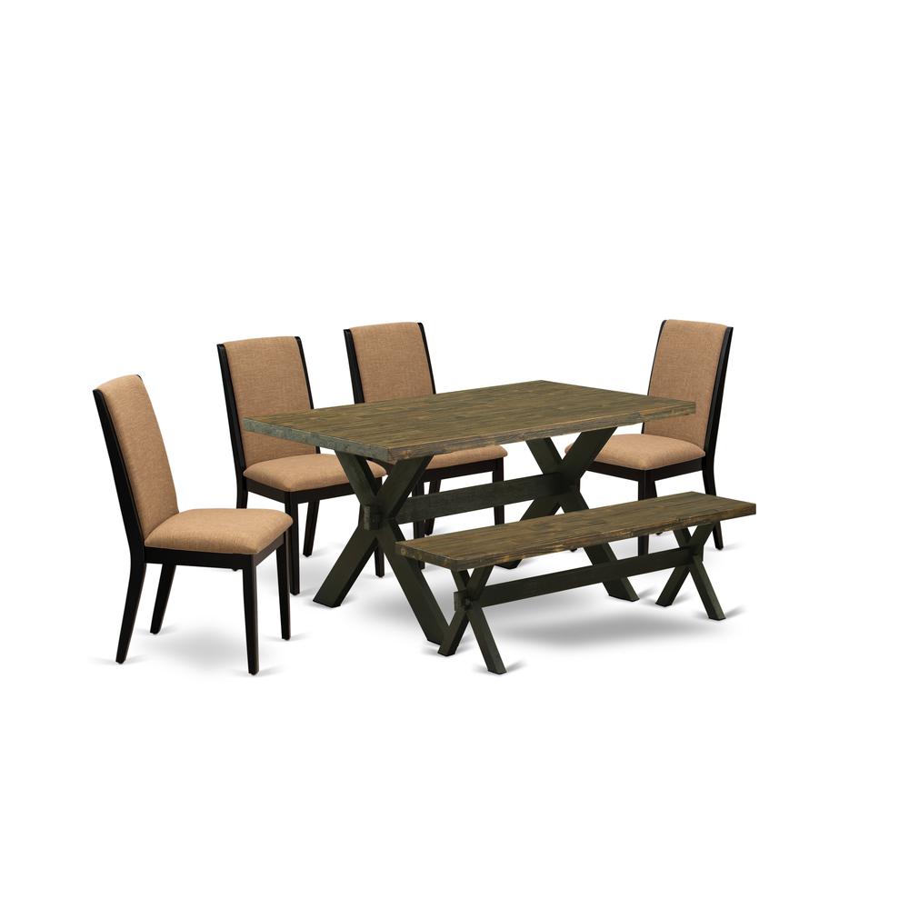 East West Furniture X676LA147-6 6-Piece Stylish Rectangular Table Set an Excellent Distressed Jacobean Kitchen Table Top and Distressed Jacobean Dining Room Bench and 4 Attractive Linen Fabric Kitchen. Picture 1