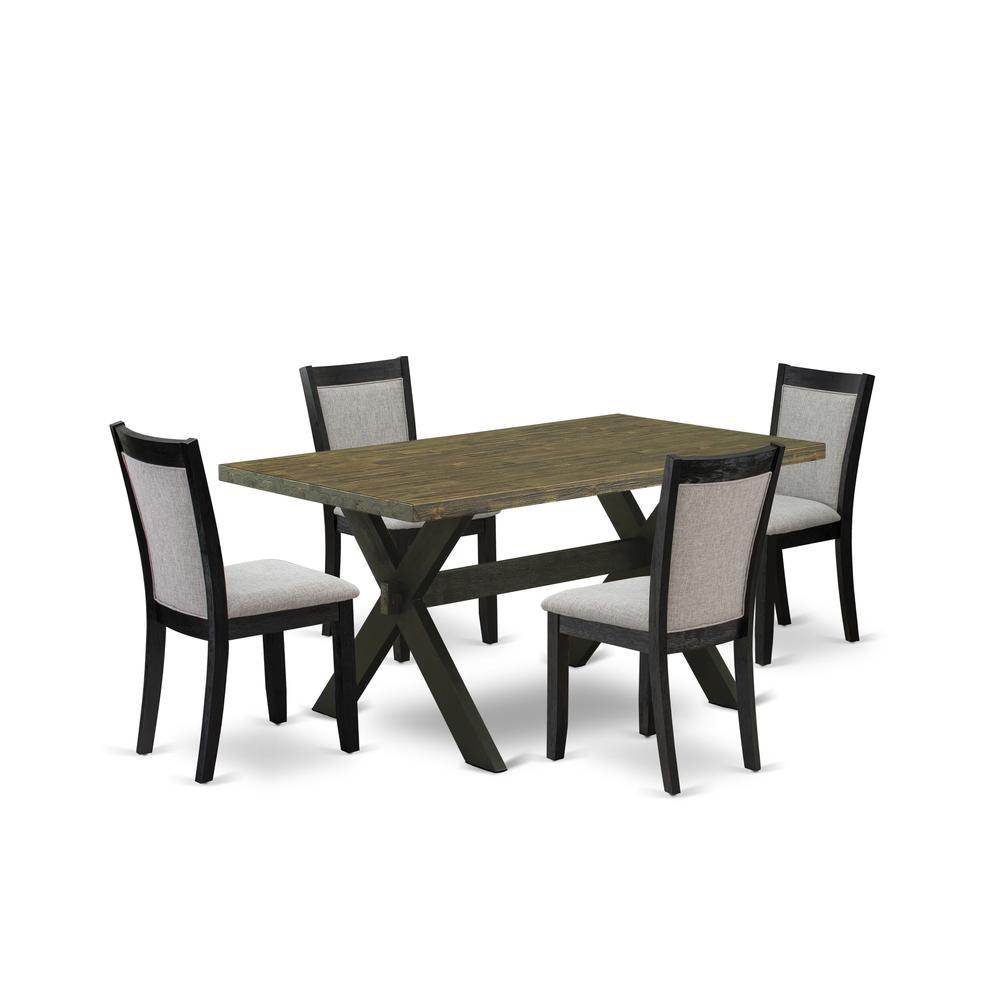 X676MZ606-5 5 Piece Dinette Set - Distressed Jacobean Table with 4 Shitake Linen Fabric Kitchen Chairs - Wire Brushed Black Finish. Picture 1
