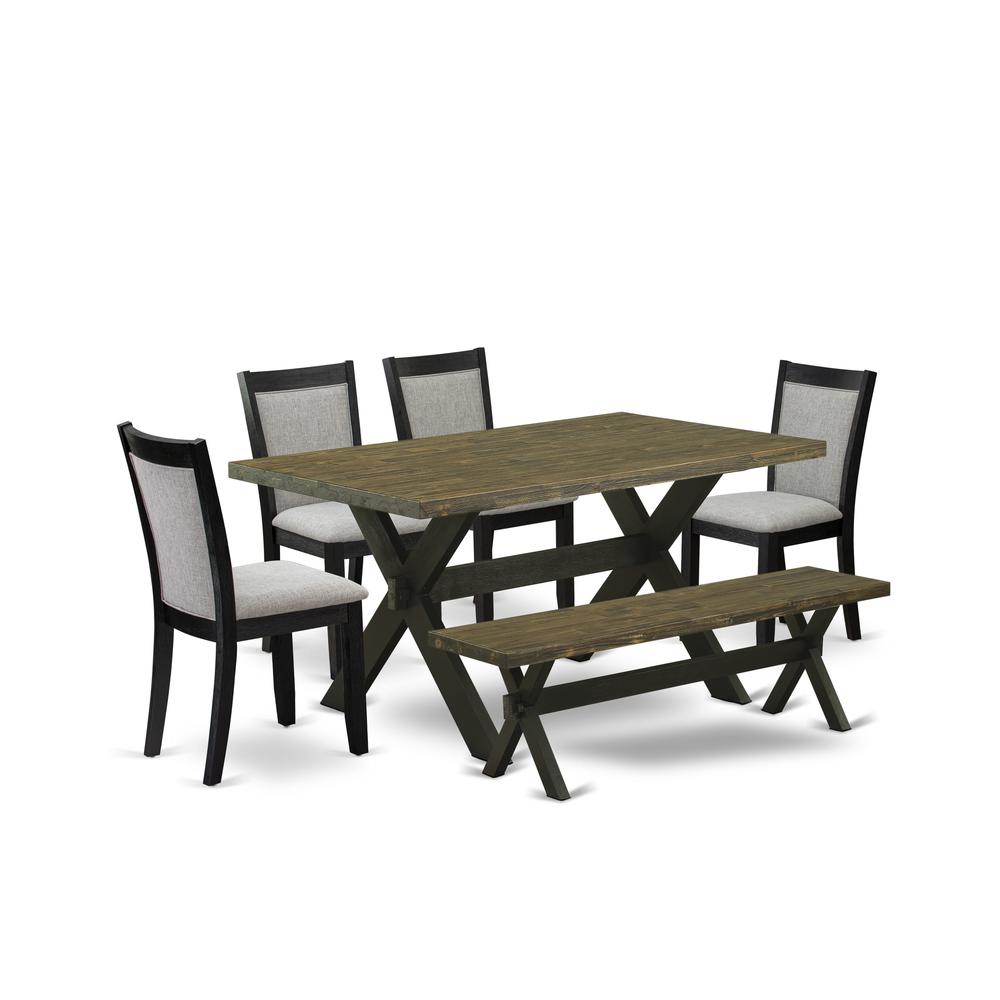 X676MZ606-6 6 Pc Dining Room Table Set - Distressed Jacobean Table with a Bench and 4 Shitake Chairs - Wire Brushed Black Finish. Picture 1