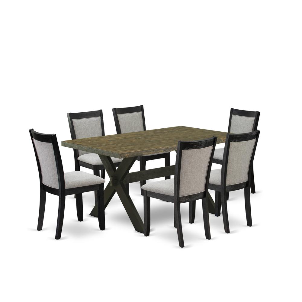 X676MZ606-7 7 Pc Dinette Set - Distressed Jacobean Wood Dining Table with 6 Shitake Parson Chairs - Wire Brushed Black Finish. Picture 1