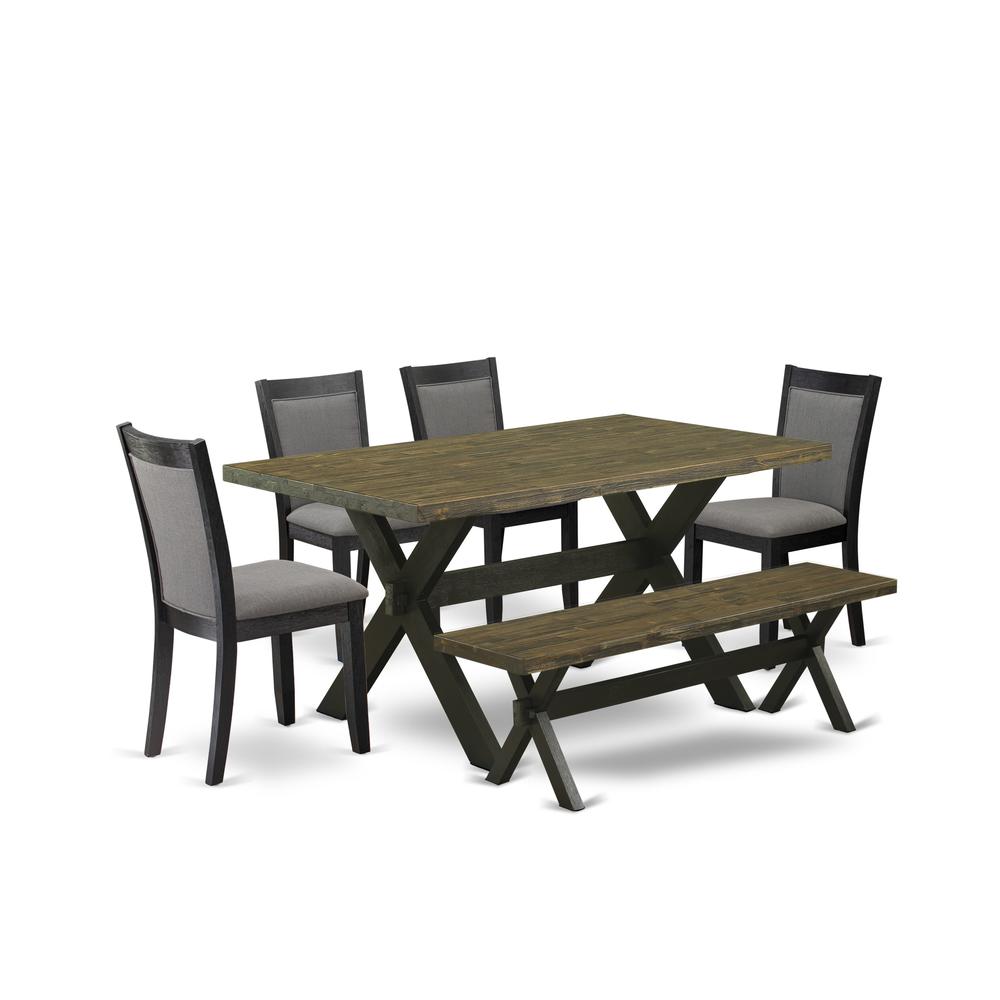 X676MZ650-6 6 Pc Dinette Set - Distressed Jacobean Table with a Bench and 4 Dark Gotham Grey Chairs - Wire Brushed Black Finish. Picture 1