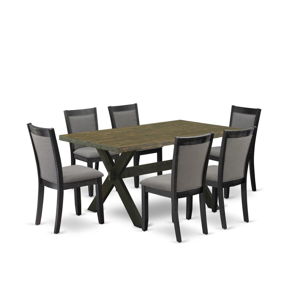 X676MZ650-7 7 Pc Dinette Set - Distressed Jacobean Kitchen Table with 6 Dark Gotham Grey Dining Chairs - Wire Brushed Black Finish. Picture 1