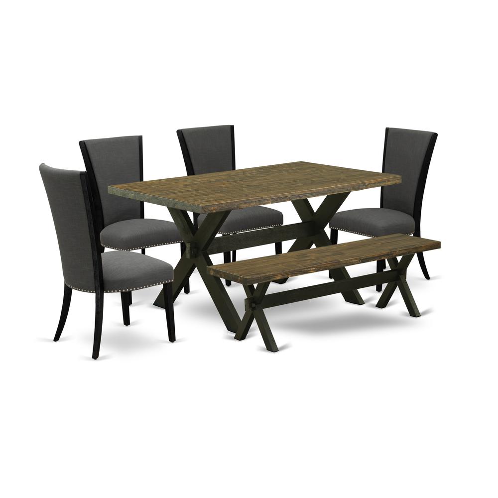 East West Furniture X676VE650-6 6 Piece Kitchen Table Set - 4 Dark Gotham Grey Linen Fabric Dining Chair with Nailheads and Distressed Jacobean Mid Century Dining Table - 1 Wood Bench - Black Finish. Picture 1