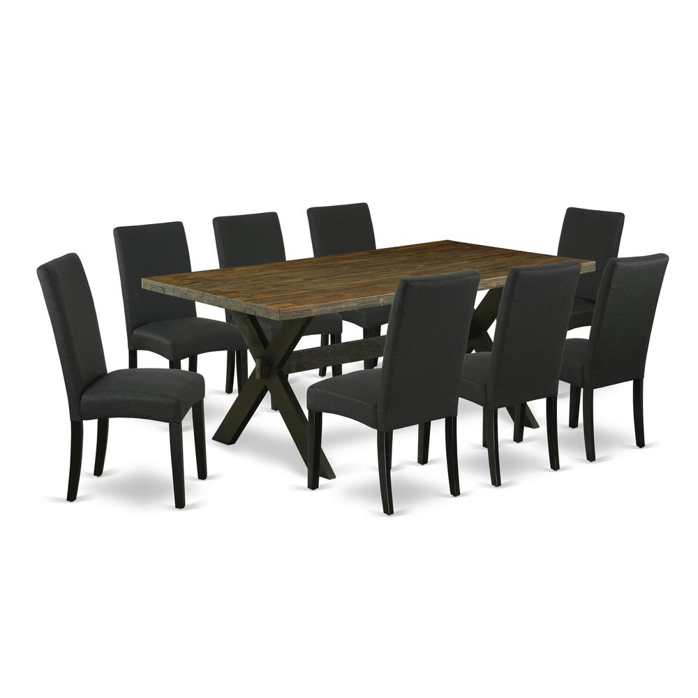 East West Furniture X677DR124-9 9-Pc Dining Table Set- 8 Parson Dining Chairs with Black Linen Fabric Seat and Stylish Chair Back - Rectangular Table Top & Wooden Cross Legs - Distressed Jacobean and. Picture 1