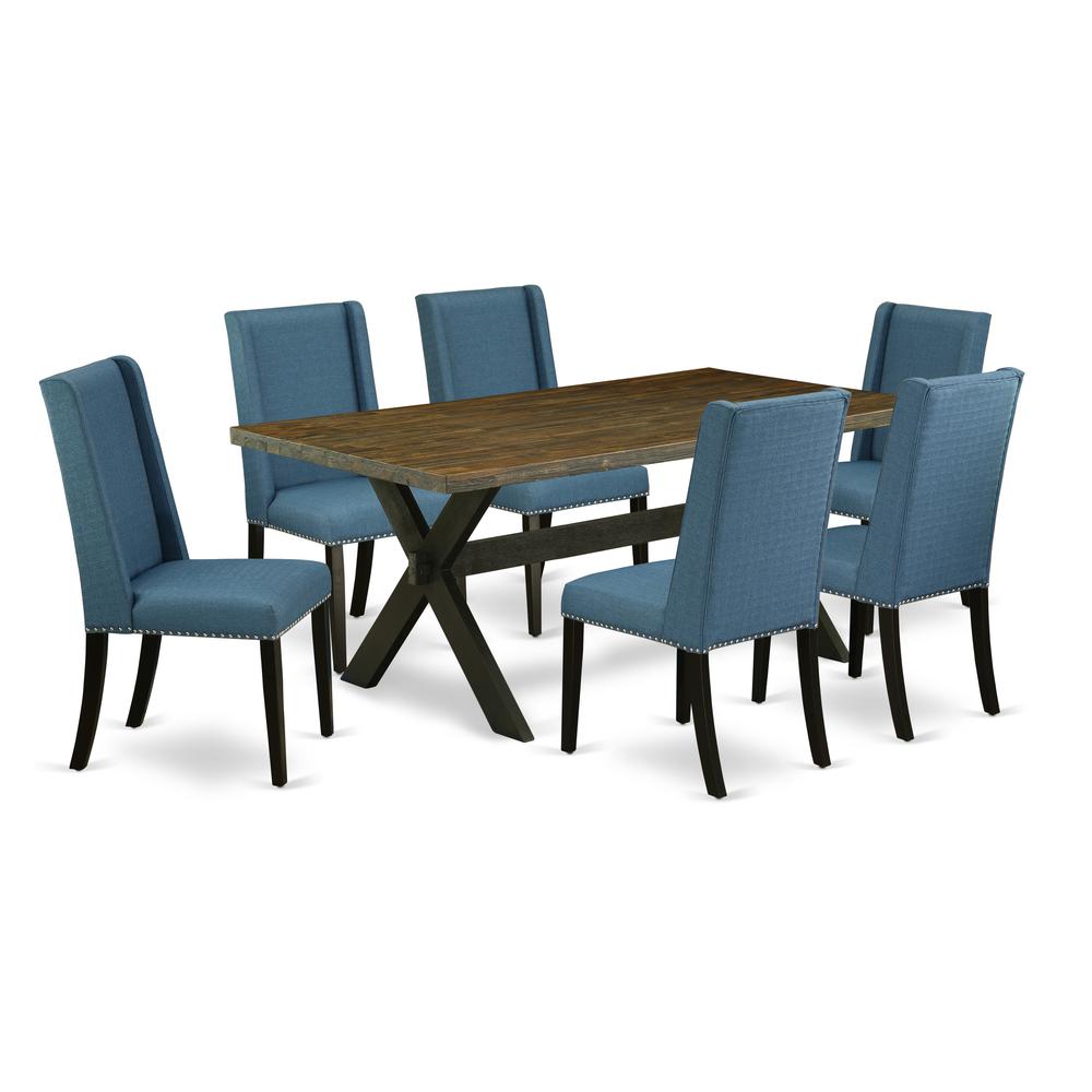 East West Furniture X677FL121-7 7-Piece Beautiful Dinette Set an Outstanding Distressed Jacobean Dining Table Top and 6 Awesome Linen Fabric Dining Chairs with Nail Heads and Stylish Chair Back, Wire. Picture 1