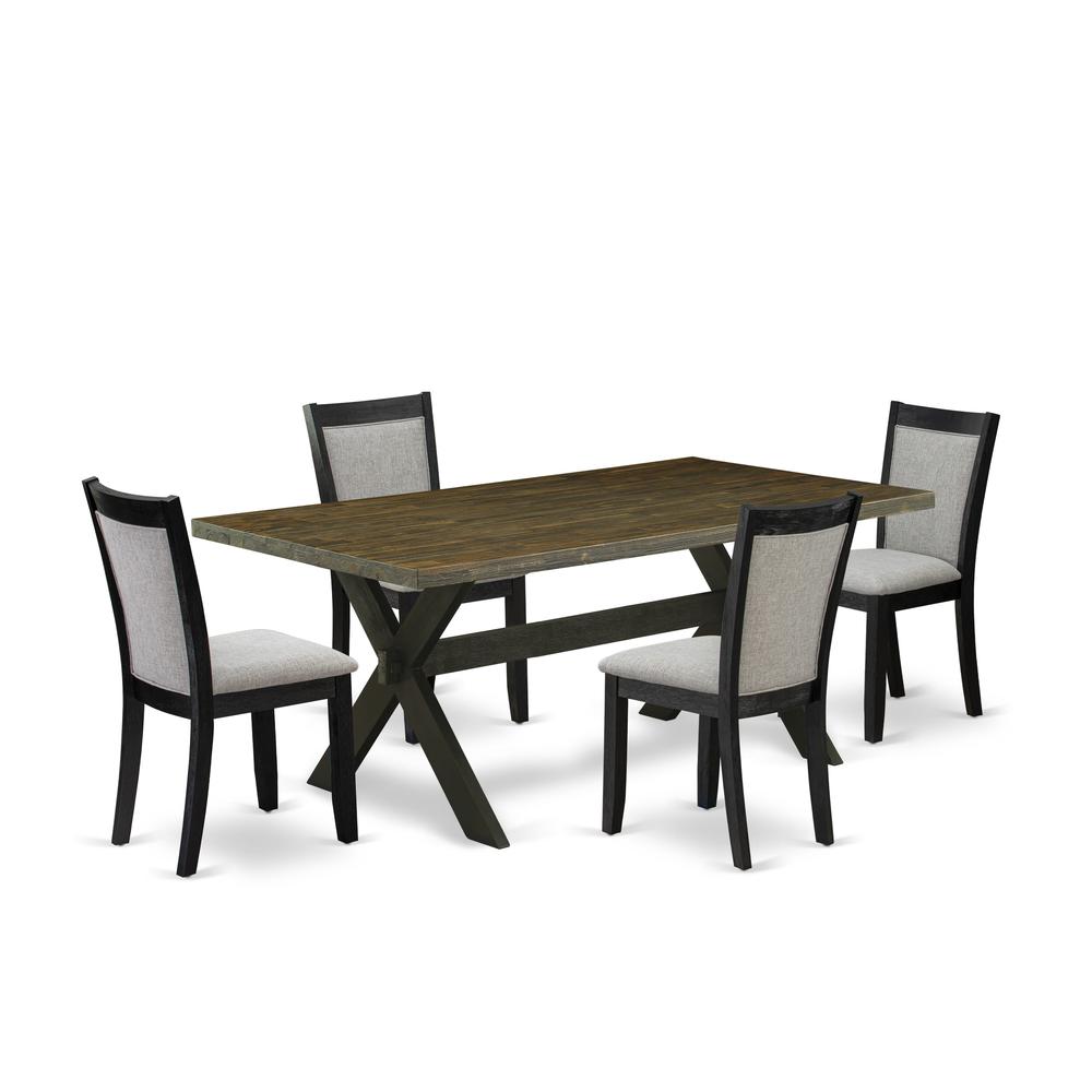 East West Furniture 5 Piece Dining Table Set - A Distressed Jacobean Top Modern Dining Room Table with Trestle Base and 4 Shitake Linen Fabric Kitchen Chairs - Wire Brushed Black Finish. Picture 1