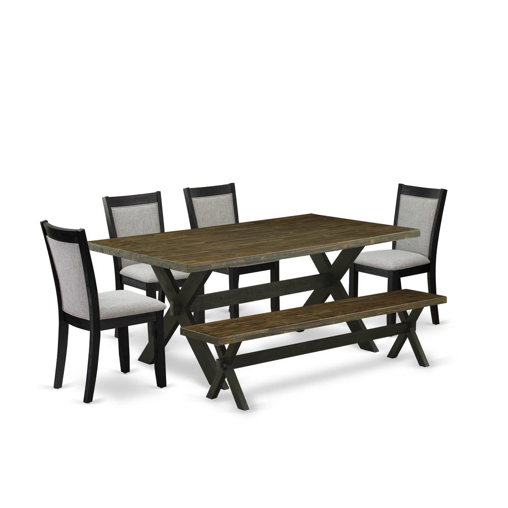 East West Furniture 6 Pc Dinner Table Set - Distressed Jacobean Top Modern Dining Table with a Kitchen Bench and 4 Shitake Linen Fabric Upholstered Chairs - Wire Brushed Black Finish. Picture 1