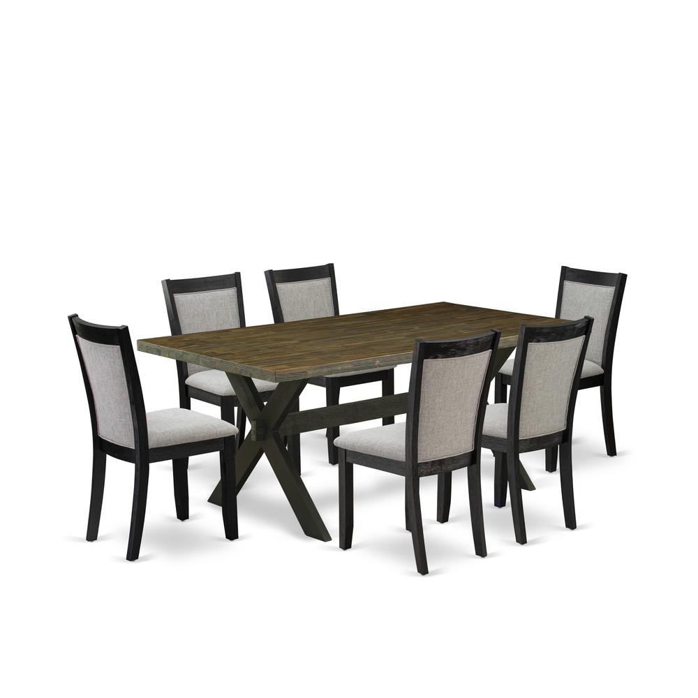 East West Furniture 7 Piece Dining Set - Distressed Jacobean Top Dinning Table with Trestle Base and 6 Shitake Linen Fabric Mid Century Dining Chairs - Wire Brushed Black Finish. Picture 1