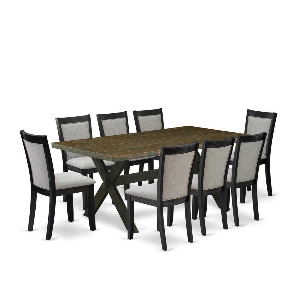 East West Furniture 9 Piece Dinette Set - A Distressed Jacobean Top Mid Century Dining Table with Trestle Base and 8 Shitake Linen Fabric Dining Room Chairs - Wire Brushed Black Finish. Picture 1