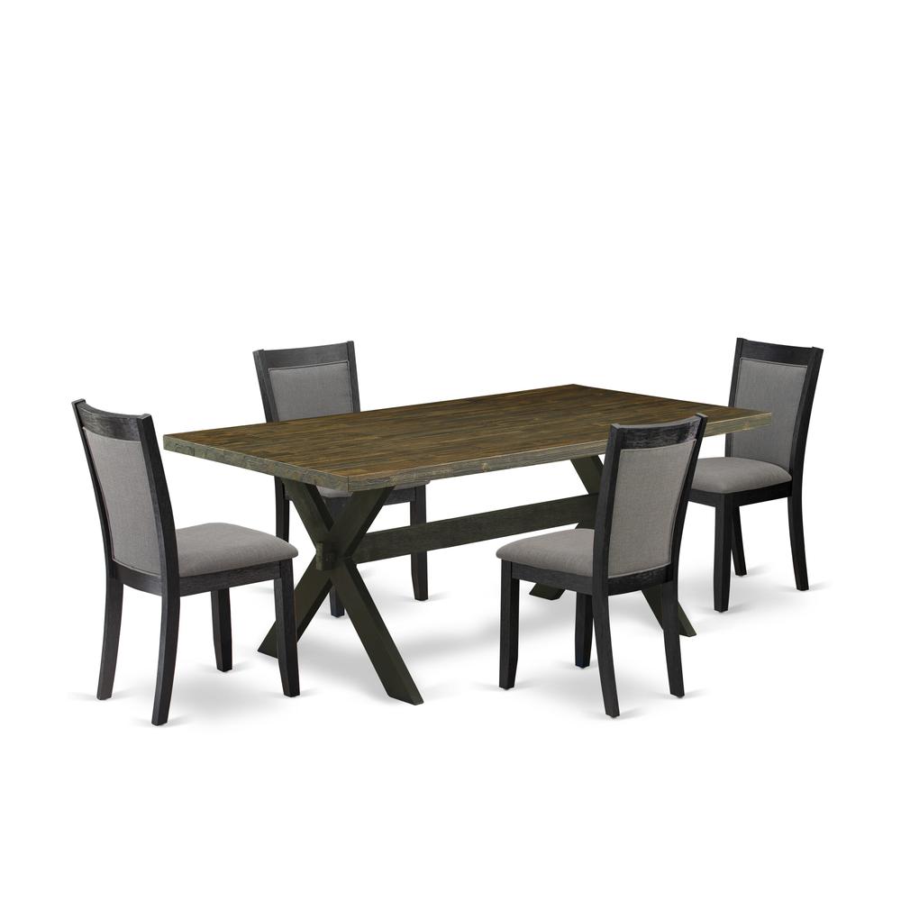 East West Furniture 5 Piece Dining Set - Distressed Jacobean Top Dining Table with Trestle Base and 4 Dark Gotham Grey Linen Fabric Upholstered Dining Chairs - Wire Brushed Black Finish. Picture 1
