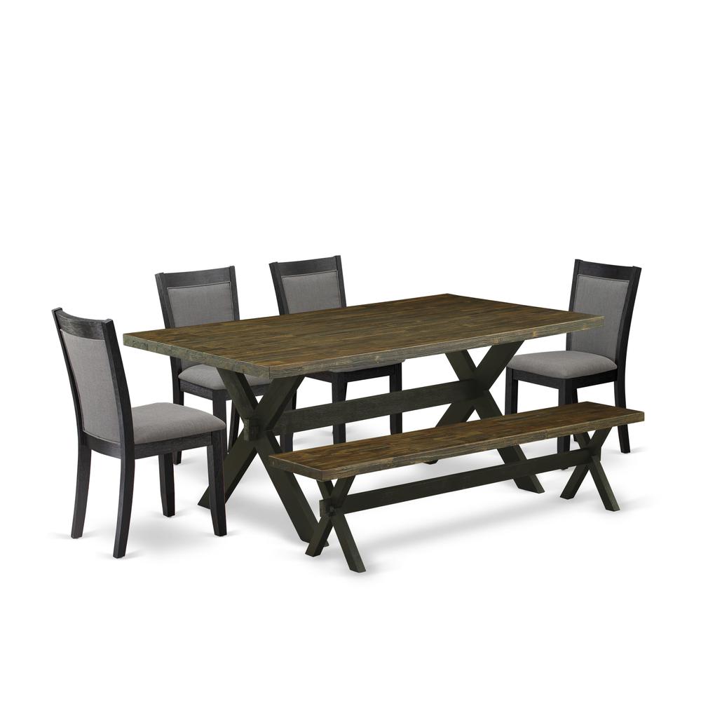 East West Furniture 6 Pc Dining Set - Distressed Jacobean Top Dinning Table with a Rustic Bench and 4 Dark Gotham Grey Linen Fabric Upholstered Chairs - Wire Brushed Black Finish. Picture 1