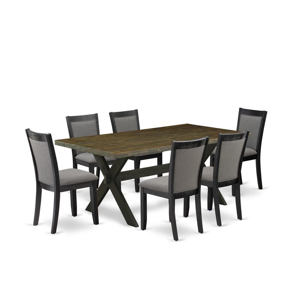 East West Furniture 7 Pc Dining Room Table Set - Distressed Jacobean Top Dinning Table with Trestle Base and 6 Dark Gotham Grey Linen Fabric Dining Chairs - Wire Brushed Black Finish. Picture 1