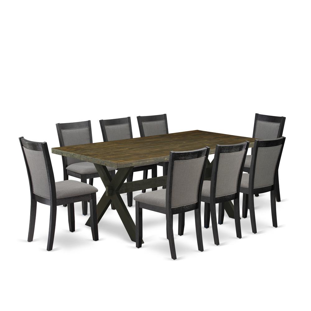 East West Furniture 9 Piece Dinette Set - A Distressed Jacobean Top Dining Table with Trestle Base and 8 Dark Gotham Grey Linen Fabric Dinning Chairs - Wire Brushed Black Finish. Picture 1